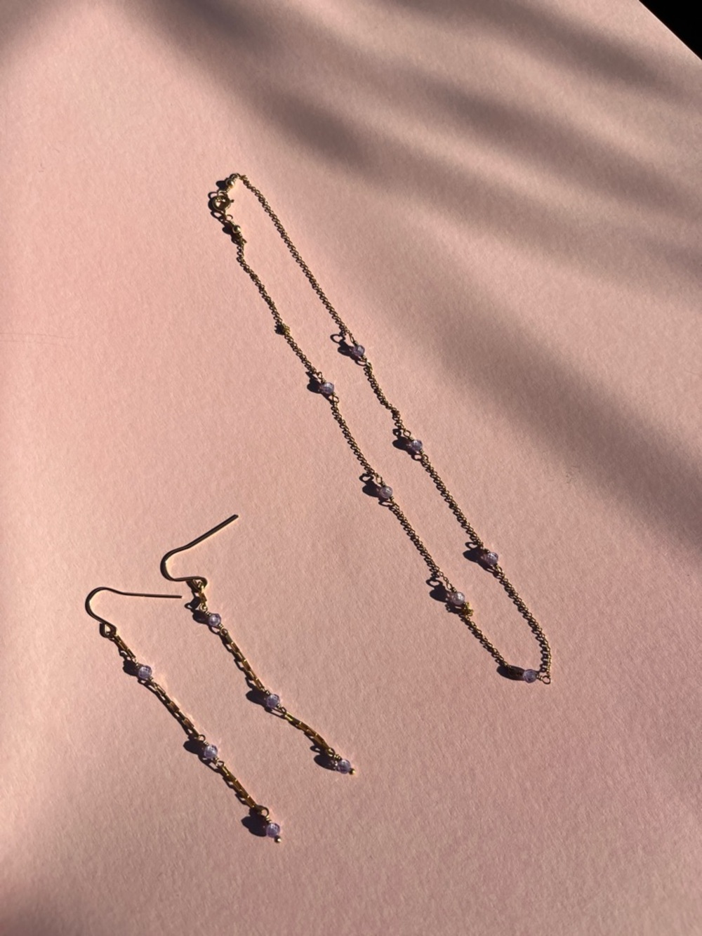 Delicate Gold and Lilac Bead Necklace & Earrings Set